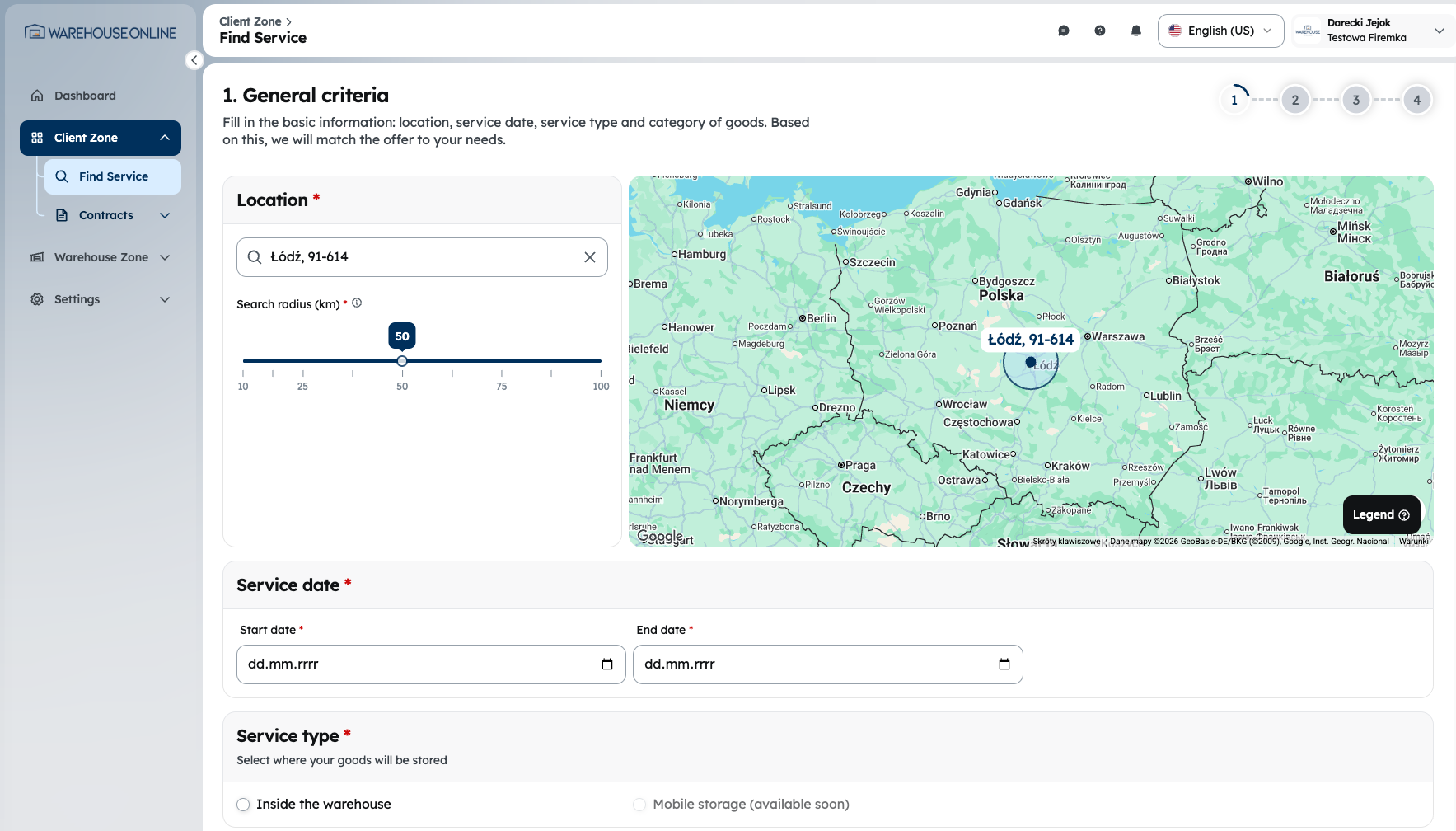 Aplikacja Warehouse.Online — wyszukiwanie usługi magazynowej: lokalizacja, promień i mapa dostępnych magazynów